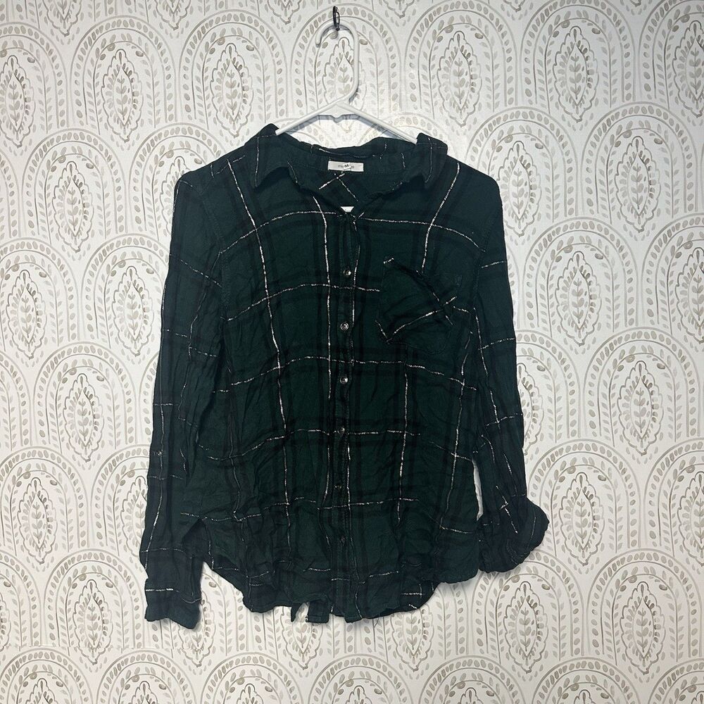 Maurices Womens Plaid Button Down Green Size‎ Medium Long Sleeve Rayon Cute Chic